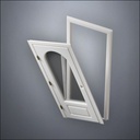 modern thin-frame 3/4 Rounded Window Door with fancy-profile frame and brass hardware, shown split open in perspective view