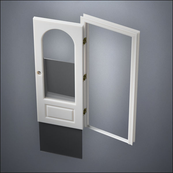 modern thin-frame 3/4 Rounded Window Door with fancy-profile frame and brass hardware, shown open with the removable pane separated in perspective view