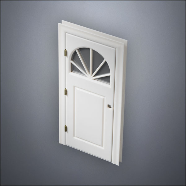 classic thick-frame Semi-Circular Window Door with fancy-profile frame and brass hardware, shown closed in perspective view