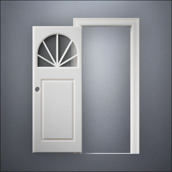 classic thick-frame Semi-Circular Window Door with fancy-profile frame and brass hardware, shown open in front view