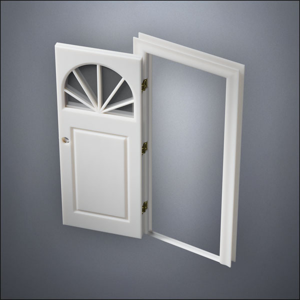 classic thick-frame Semi-Circular Window Door with fancy-profile frame and brass hardware, shown open in perspective view