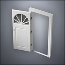 classic thick-frame Semi-Circular Window Door with fancy-profile frame and brass hardware, shown open in perspective view
