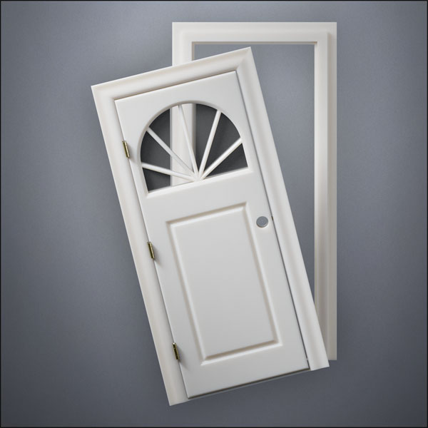 classic thick-frame Semi-Circular Window Door with fancy-profile frame and brass hardware, shown split open in front view