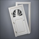classic thick-frame Semi-Circular Window Door with fancy-profile frame and brass hardware, shown split open in front view