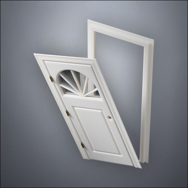 classic thick-frame Semi-Circular Window Door with fancy-profile frame and brass hardware, shown split open in perspective view