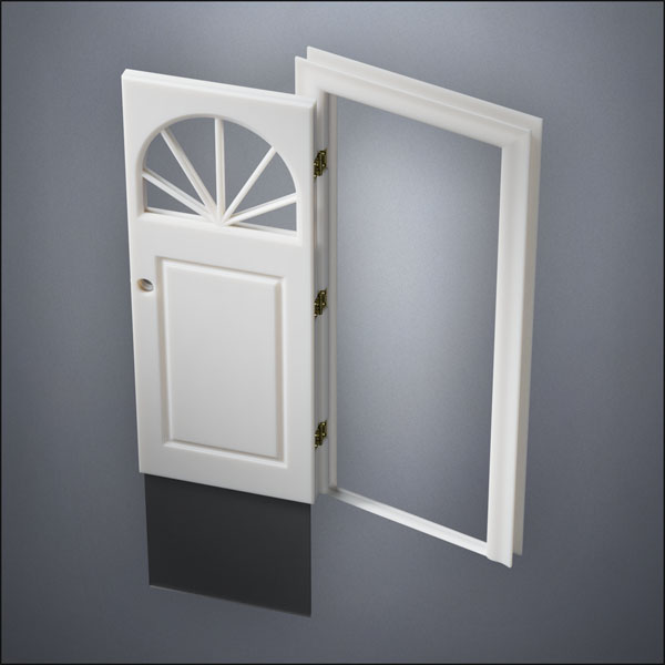 classic thick-frame Semi-Circular Window Door with fancy-profile frame and brass hardware, shown open with the removable pane separated in perspective view