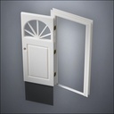 classic thick-frame Semi-Circular Window Door with fancy-profile frame and brass hardware, shown open with the removable pane separated in perspective view