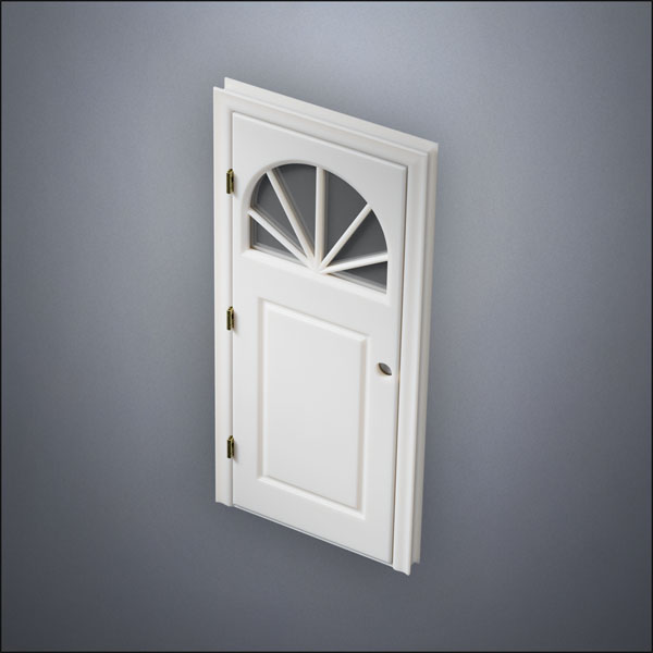 modern thin-frame Semi-Circular Window Door with fancy-profile frame and brass hardware, shown closed in perspective view