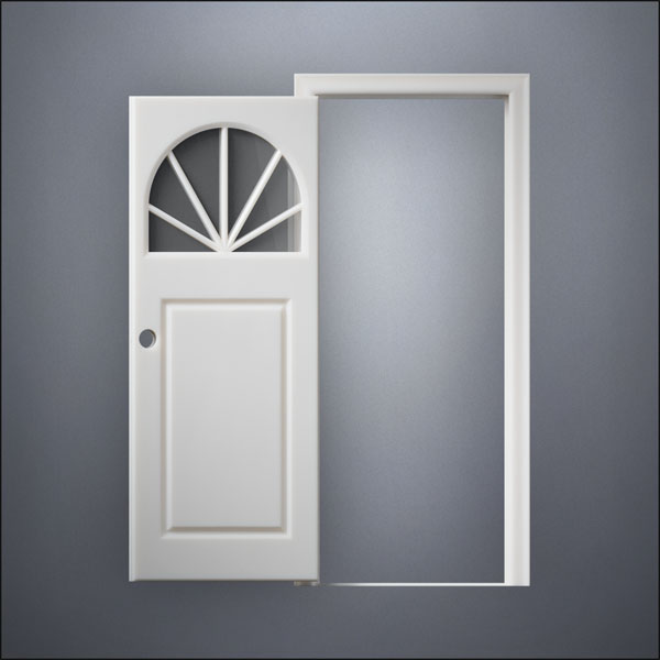 modern thin-frame Semi-Circular Window Door with fancy-profile frame and brass hardware, shown open in front view
