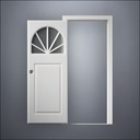 modern thin-frame Semi-Circular Window Door with fancy-profile frame and brass hardware, shown open in front view