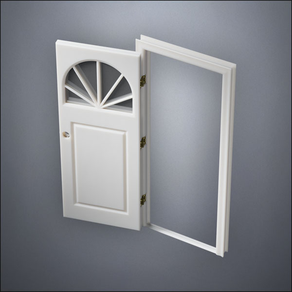modern thin-frame Semi-Circular Window Door with fancy-profile frame and brass hardware, shown open in perspective view