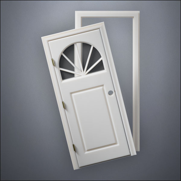 modern thin-frame Semi-Circular Window Door with fancy-profile frame and brass hardware, shown split open in front view