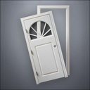 modern thin-frame Semi-Circular Window Door with fancy-profile frame and brass hardware, shown split open in front view