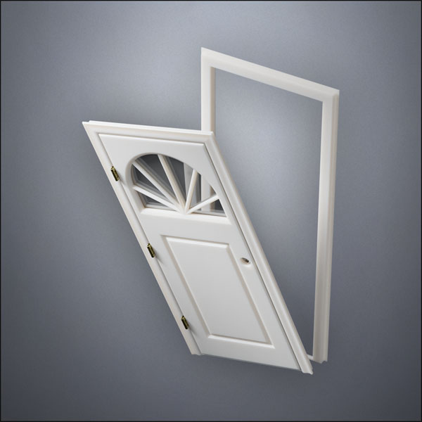modern thin-frame Semi-Circular Window Door with fancy-profile frame and brass hardware, shown split open in perspective view