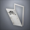 modern thin-frame Semi-Circular Window Door with fancy-profile frame and brass hardware, shown split open in perspective view