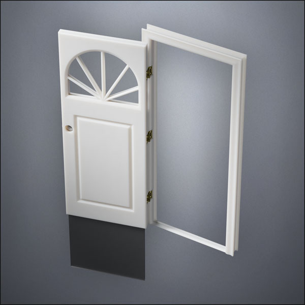 modern thin-frame Semi-Circular Window Door with fancy-profile frame and brass hardware, shown open with the removable pane separated in perspective view