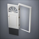 modern thin-frame Semi-Circular Window Door with fancy-profile frame and brass hardware, shown open with the removable pane separated in perspective view