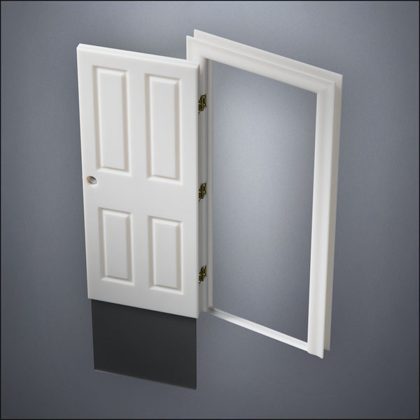 classic thick-frame Split Carrara Door with fancy-profile frame and brass hardware, shown open with the removable pane separated in perspective view