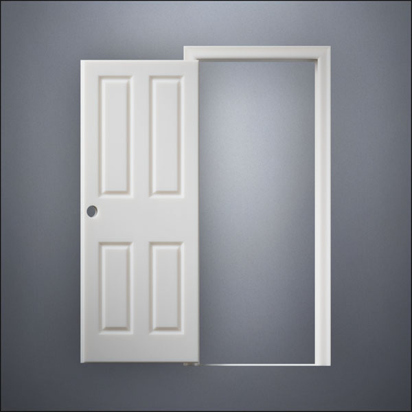 modern thin-frame Split Carrara Door with fancy-profile frame and brass hardware, shown open in front view