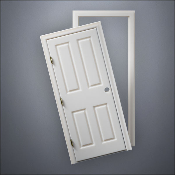 modern thin-frame Split Carrara Door with fancy-profile frame and brass hardware, shown split open in front view