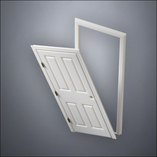 modern thin-frame Split Carrara Door with fancy-profile frame and brass hardware, shown split open in perspective view