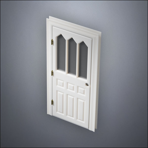 classic thick-frame Steepled Rutherford Window Door with fancy-profile frame and brass hardware, shown closed in perspective view