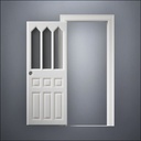 classic thick-frame Steepled Rutherford Window Door with fancy-profile frame and brass hardware, shown open in front view