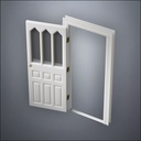 classic thick-frame Steepled Rutherford Window Door with fancy-profile frame and brass hardware, shown open in perspective view