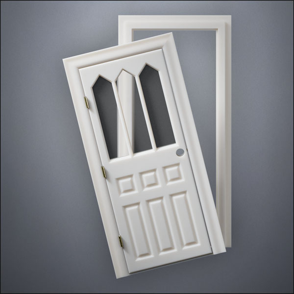 classic thick-frame Steepled Rutherford Window Door with fancy-profile frame and brass hardware, shown split open in front view
