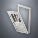 classic thick-frame Steepled Rutherford Window Door with fancy-profile frame and brass hardware, shown split open in perspective view