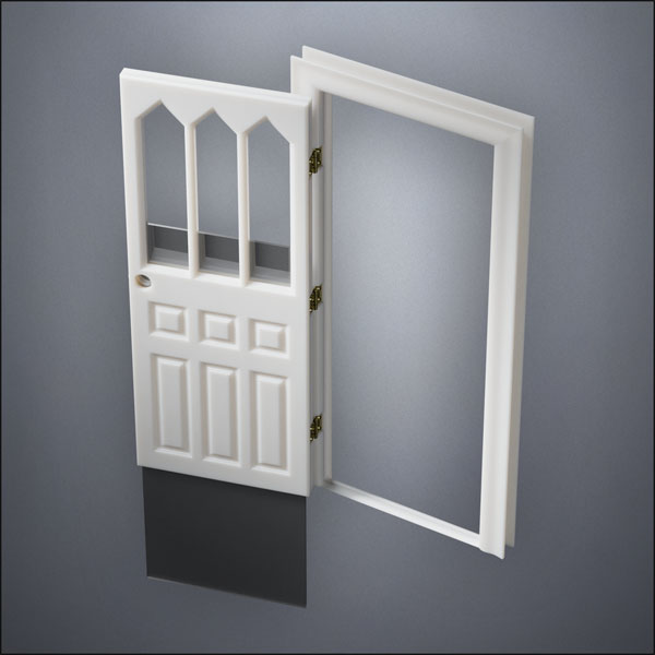 classic thick-frame Steepled Rutherford Window Door with fancy-profile frame and brass hardware, shown open with the removable pane separated in perspective view