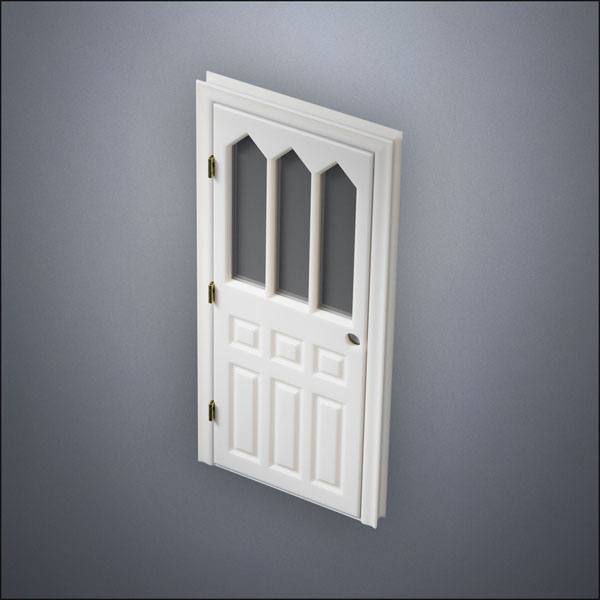 modern thin-frame Steepled Rutherford Window Door with fancy-profile frame and brass hardware, shown closed in perspective view