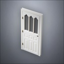 modern thin-frame Steepled Rutherford Window Door with fancy-profile frame and brass hardware, shown closed in perspective view