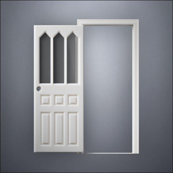 modern thin-frame Steepled Rutherford Window Door with fancy-profile frame and brass hardware, shown open in front view
