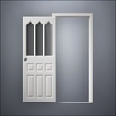 modern thin-frame Steepled Rutherford Window Door with fancy-profile frame and brass hardware, shown open in front view