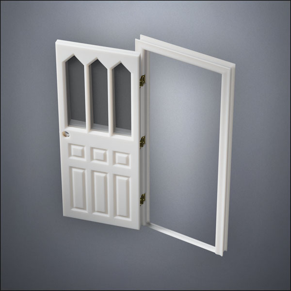 modern thin-frame Steepled Rutherford Window Door with fancy-profile frame and brass hardware, shown open in perspective view