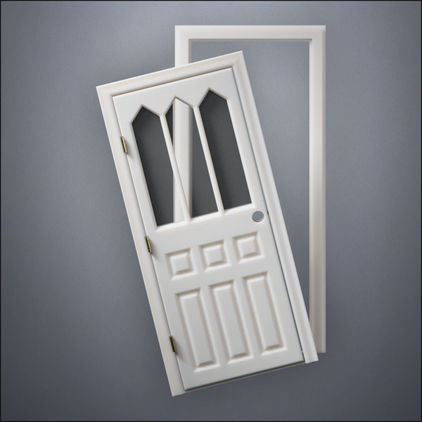 modern thin-frame Steepled Rutherford Window Door with fancy-profile frame and brass hardware, shown split open in front view
