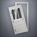 modern thin-frame Steepled Rutherford Window Door with fancy-profile frame and brass hardware, shown split open in front view