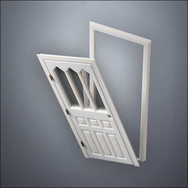 modern thin-frame Steepled Rutherford Window Door with fancy-profile frame and brass hardware, shown split open in perspective view
