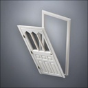 modern thin-frame Steepled Rutherford Window Door with fancy-profile frame and brass hardware, shown split open in perspective view