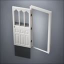 modern thin-frame Steepled Rutherford Window Door with fancy-profile frame and brass hardware, shown open with the removable pane separated in perspective view