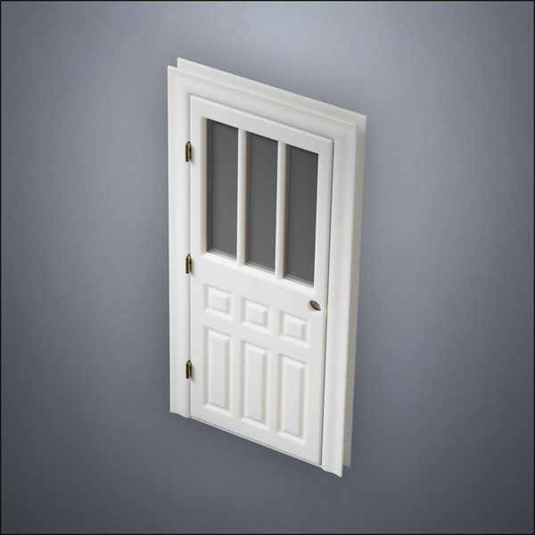 classic thick-frame Rutherford Window Door with fancy-profile frame and brass hardware, shown closed in perspective view