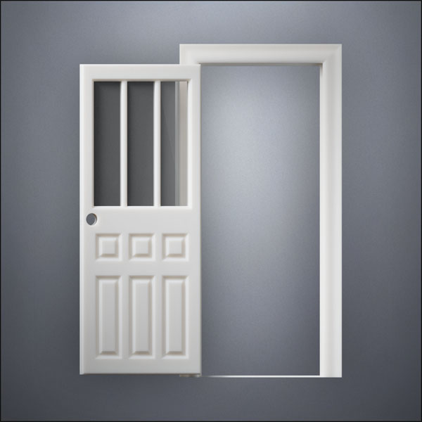 classic thick-frame Rutherford Window Door with fancy-profile frame and brass hardware, shown open in front view