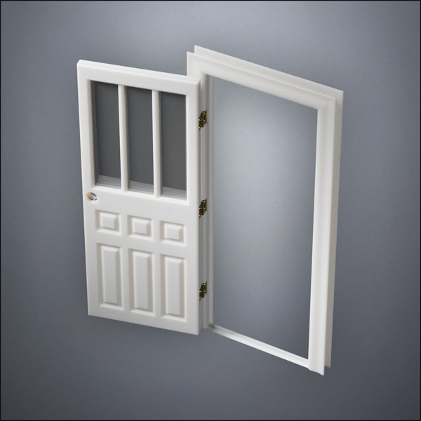 classic thick-frame Rutherford Window Door with fancy-profile frame and brass hardware, shown open in perspective view