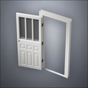 classic thick-frame Rutherford Window Door with fancy-profile frame and brass hardware, shown open in perspective view