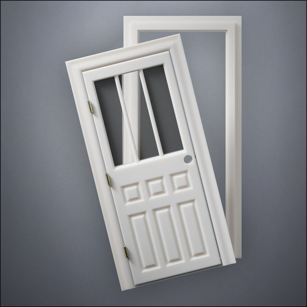 classic thick-frame Rutherford Window Door with fancy-profile frame and brass hardware, shown split open in front view