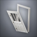 classic thick-frame Rutherford Window Door with fancy-profile frame and brass hardware, shown split open in perspective view