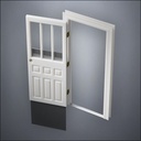 classic thick-frame Rutherford Window Door with fancy-profile frame and brass hardware, shown open with the removable pane separated in perspective view