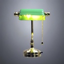 Brass Desk Lamp with Green Curved Shade and Pull Chain - Battery Operated LED