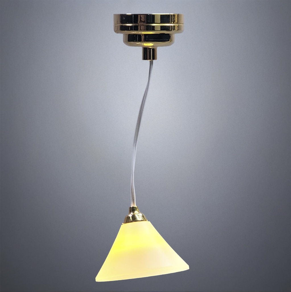 Brass Hanging Light with White Cone Shade on Cable - Battery Operated LED